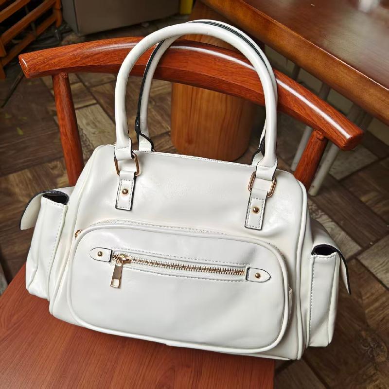 Elegant Solid Color PU Boston Handbag Metal Zipper Multi Compartment Women Daily Shopping Shoulder Bag