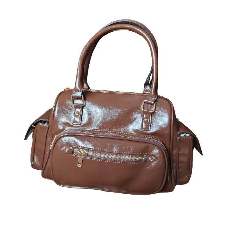 Elegant Solid Color PU Boston Handbag Metal Zipper Multi Compartment Women Daily Shopping Shoulder Bag