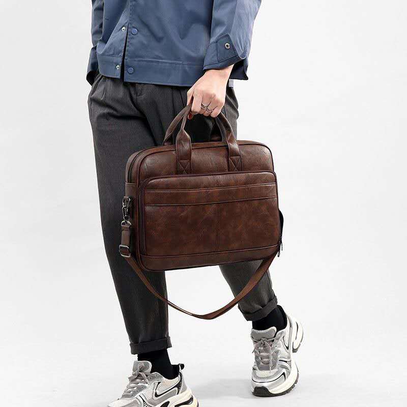 Men Vintage PU Leather Briefcase Large Capacity 15.6 Inch Laptop Business Handbag With Detachable Shoulder Strap