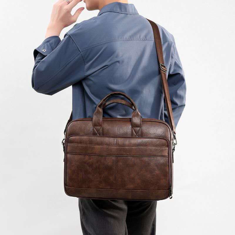 Men Vintage PU Leather Briefcase Large Capacity 15.6 Inch Laptop Business Handbag With Detachable Shoulder Strap