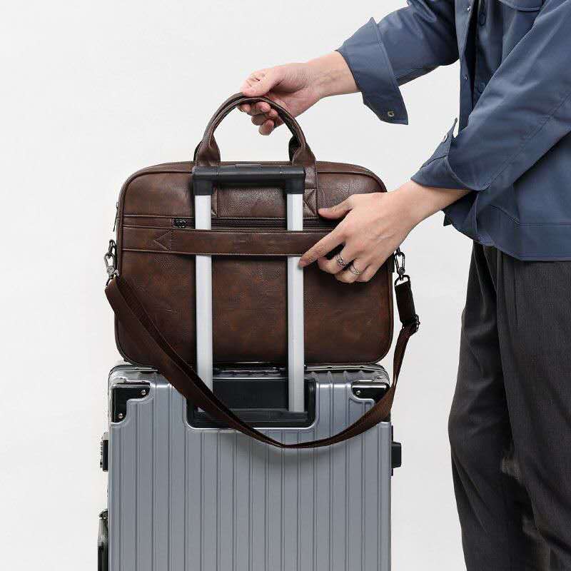 Men Vintage PU Leather Briefcase Large Capacity 15.6 Inch Laptop Business Handbag With Detachable Shoulder Strap