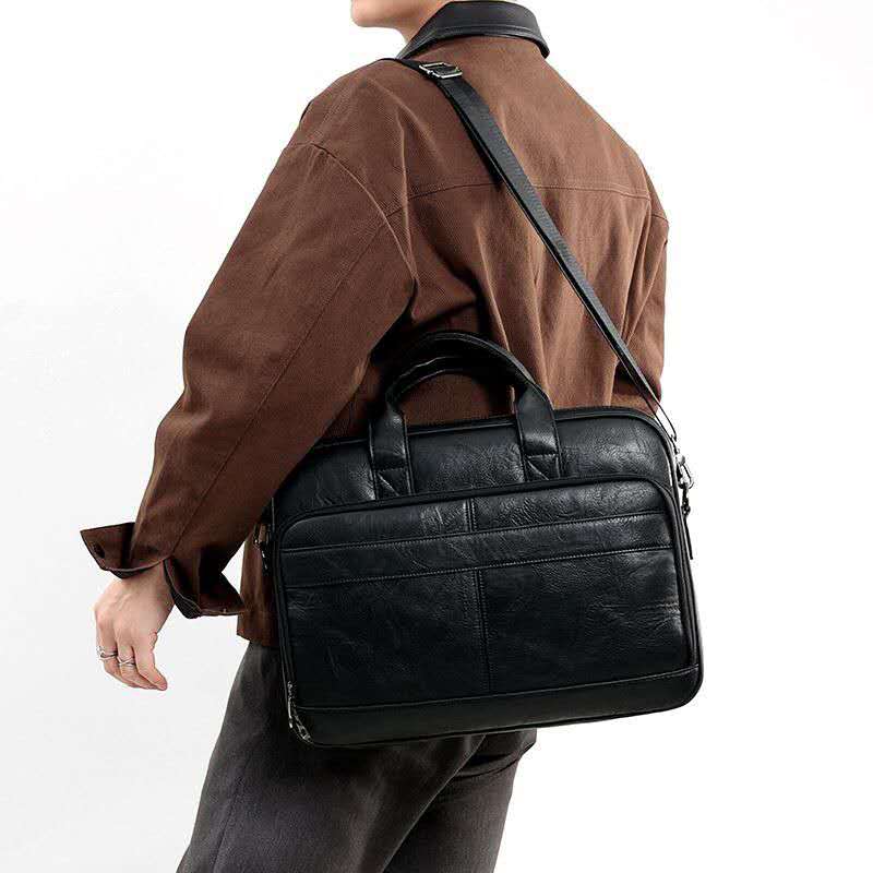 Men Vintage PU Leather Briefcase Large Capacity 15.6 Inch Laptop Business Handbag With Detachable Shoulder Strap