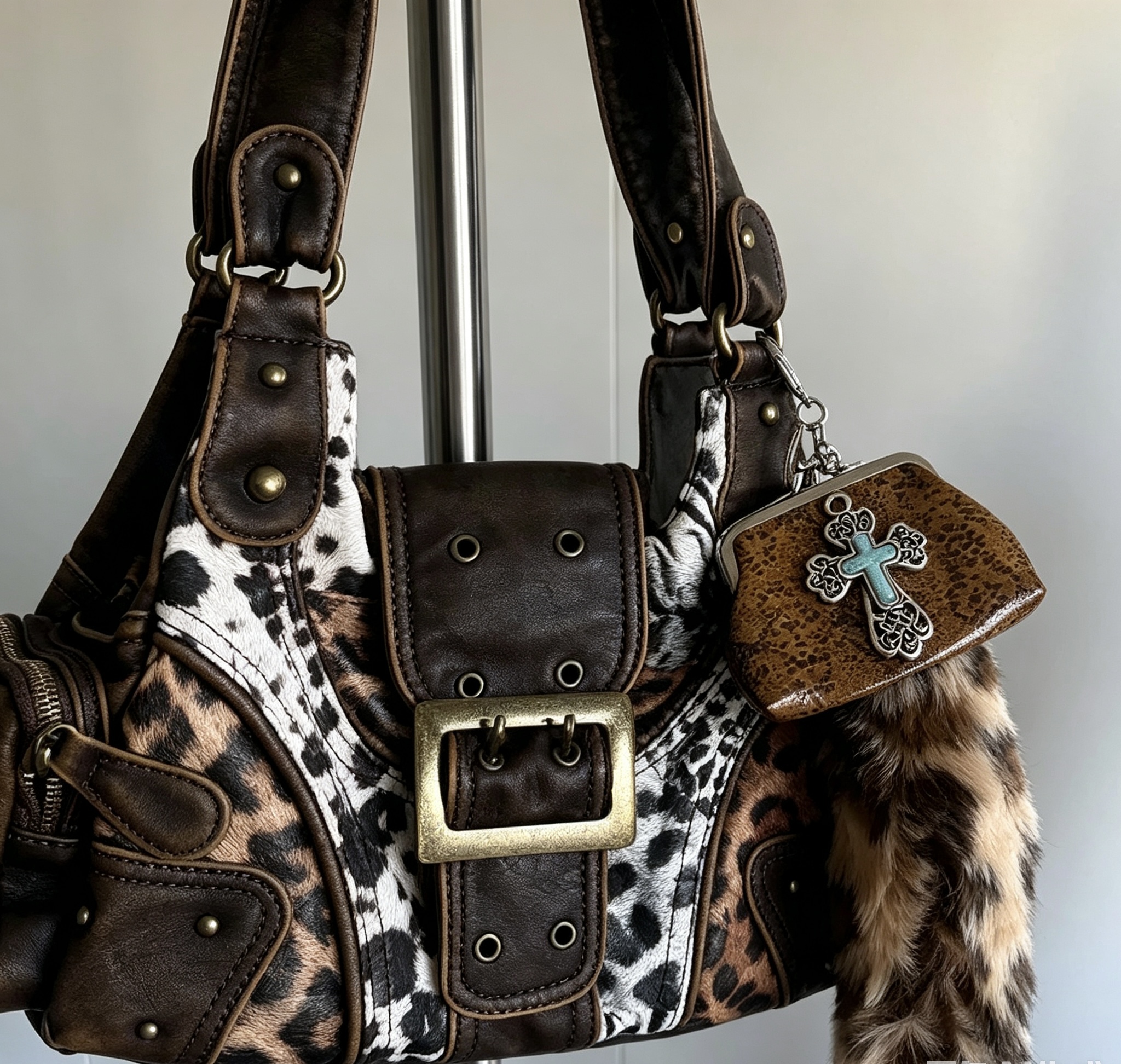 Y2K Leopard Patchwork Rivet Handbag