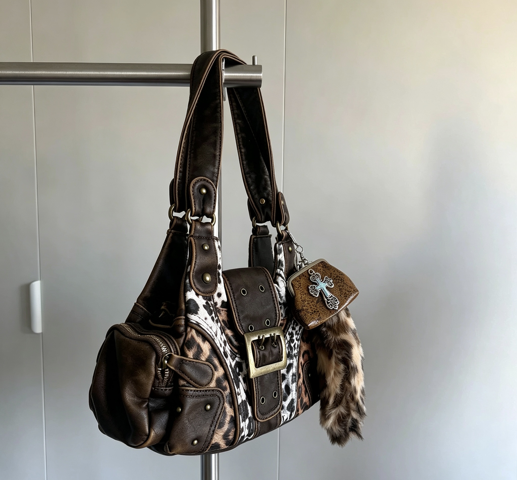Y2K Leopard Patchwork Rivet Handbag
