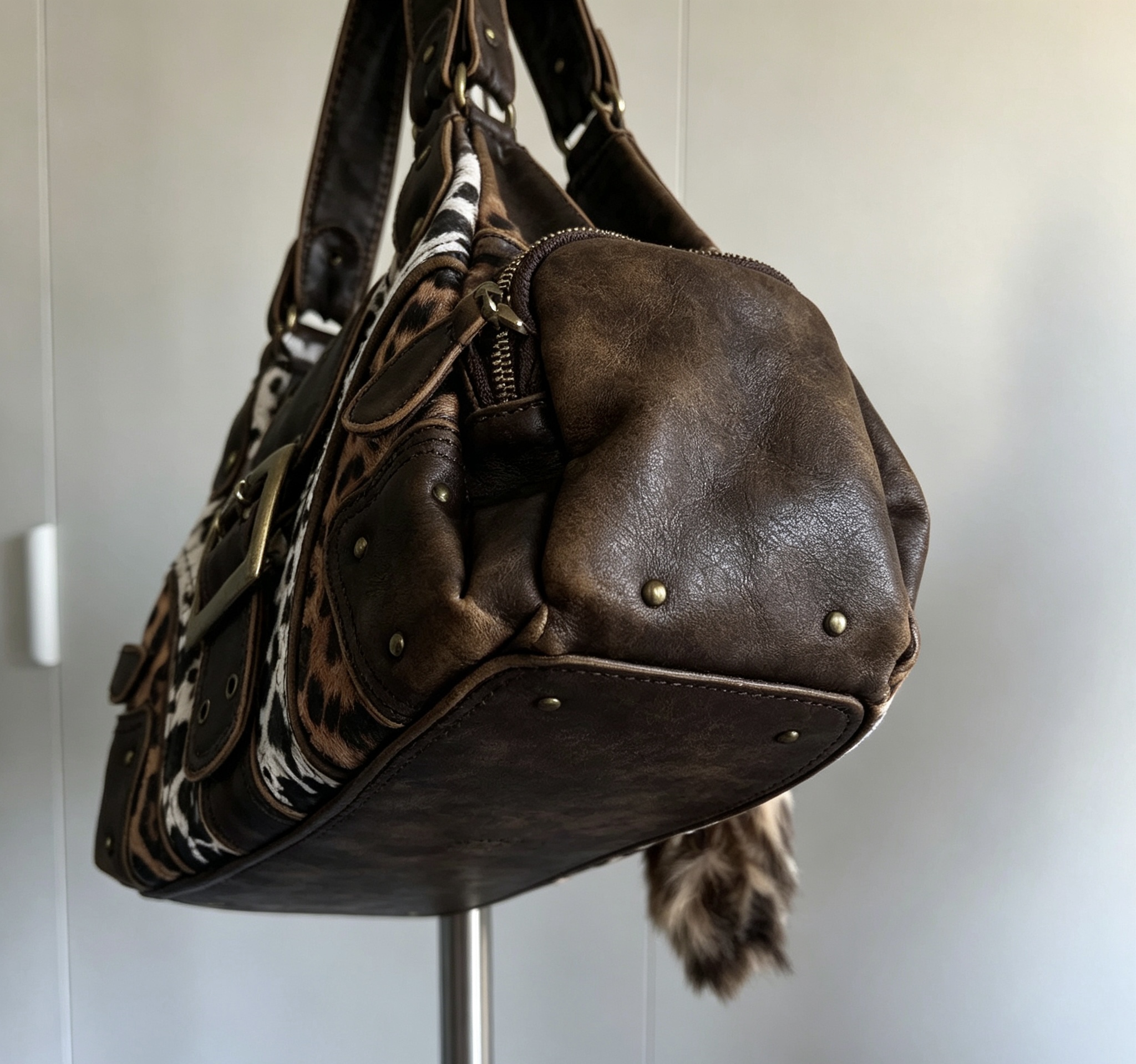 Y2K Leopard Patchwork Rivet Handbag