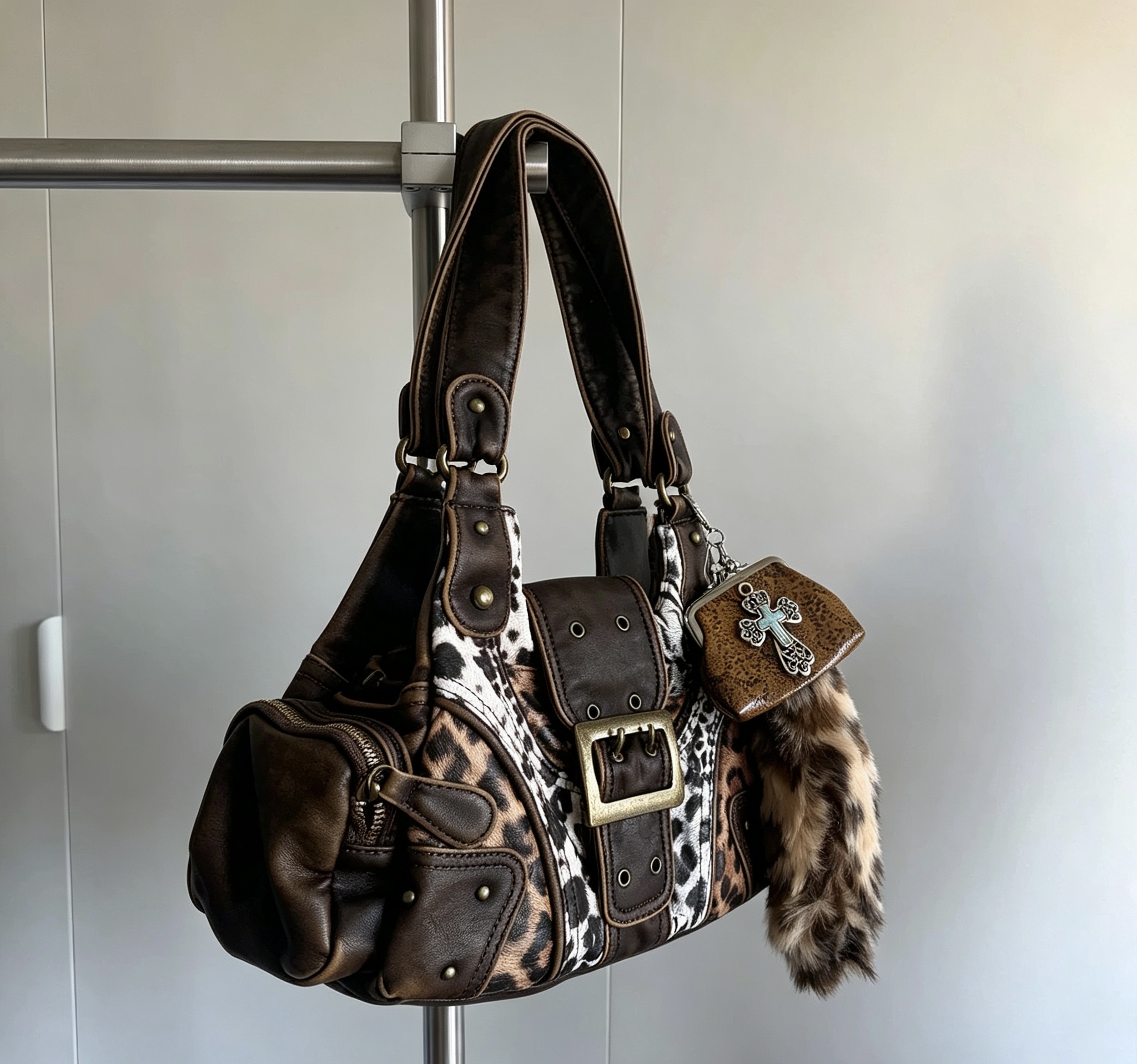 Y2K Leopard Patchwork Rivet Handbag