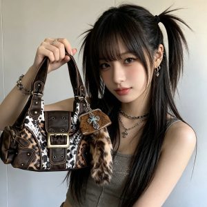 Y2K Leopard Patchwork Rivet Handbag