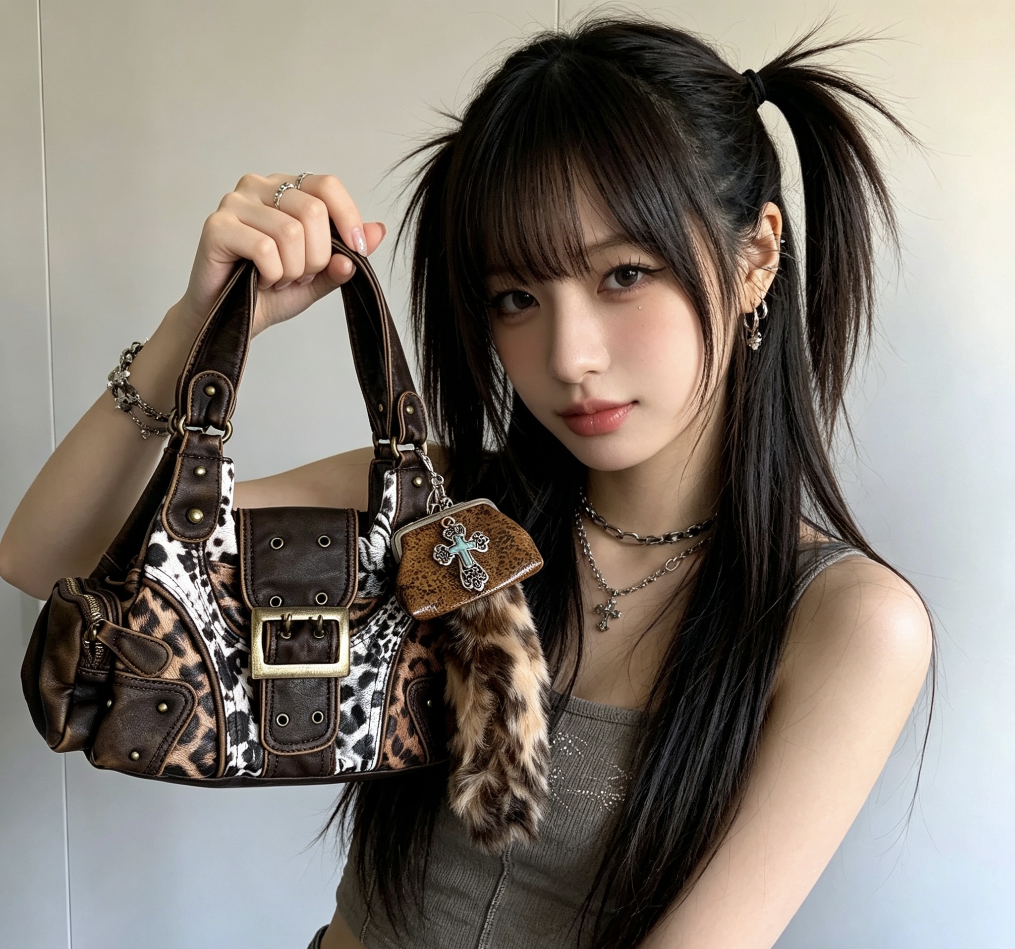 Y2K Leopard Patchwork Rivet Handbag