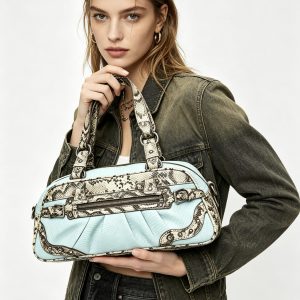 Light Blue Snake Print Patchwork Ruched Shoulder Bag