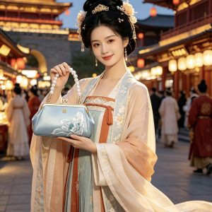 Light Blue Satin Embroidery Pearl Chain Kiss Lock Clutch Bag