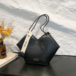 Elegant Embossed Woven Pattern Leather Tote Bag Decorative Letter Ribbon Casual Ladies Shoulder Bag