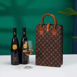 Wholesale Vintage Printed Leather Wine Bag 2 Bottles Red Wine Gift Packaging Handbag For Business Present