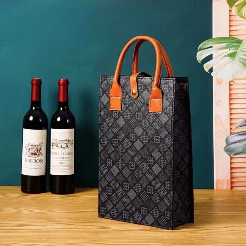 Wholesale Vintage Printed Leather Wine Bag 2 Bottles Red Wine Gift Packaging Handbag For Business Present
