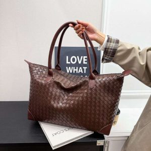 Wholesale Vintage Woven Texture Leather Tote Bag Oversized Ladies Work Travel Shoulder Handbag