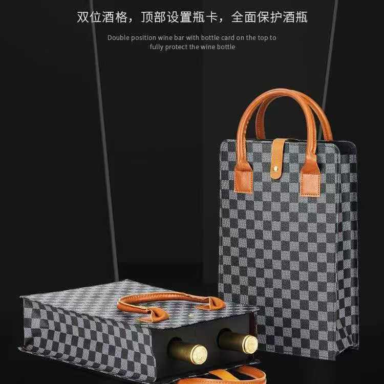 Wholesale Vintage Printed Leather Wine Bag 2 Bottles Red Wine Gift Packaging Handbag For Business Present