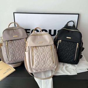 Lightweight Multi Pocket Ladies Daily Backpack Gold Zipper