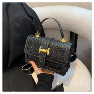 Factory Wholesale Women Woven Texture Small Handheld Square Bag Luxury Gold Lock Flap Crossbody Shoulder Bag Custom Logo Low MOQ