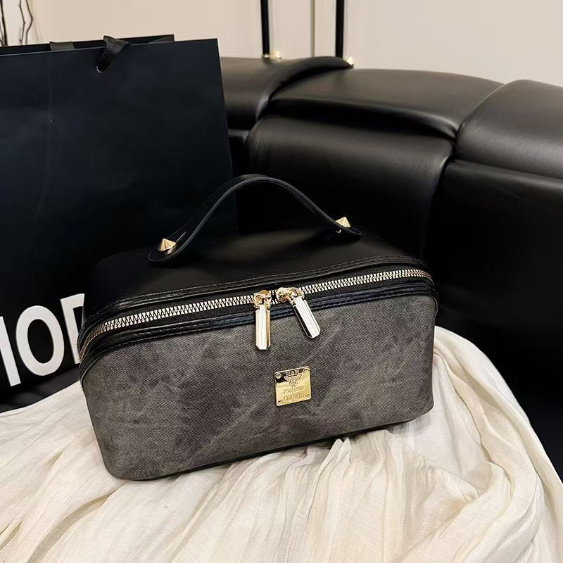 Vintage Canvas PU Leather Trim Makeup Bag Women Portable Handheld Travel Cosmetic Case Large Capacity Toiletry Storage Organizer Bag
