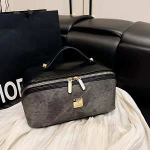 Vintage Canvas PU Leather Trim Makeup Bag Women Portable Handheld Travel Cosmetic Case Large Capacity Toiletry Storage Organizer Bag
