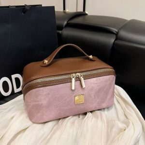 Vintage Canvas PU Leather Trim Makeup Bag Women Portable Handheld Travel Cosmetic Case Large Capacity Toiletry Storage Organizer Bag