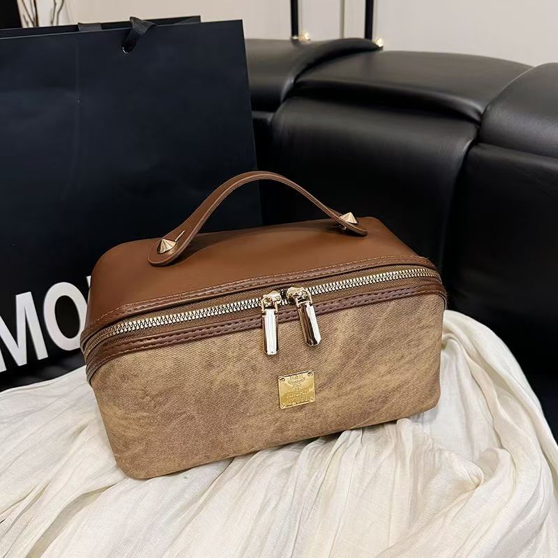 Vintage Canvas PU Leather Trim Makeup Bag Women Portable Handheld Travel Cosmetic Case Large Capacity Toiletry Storage Organizer Bag