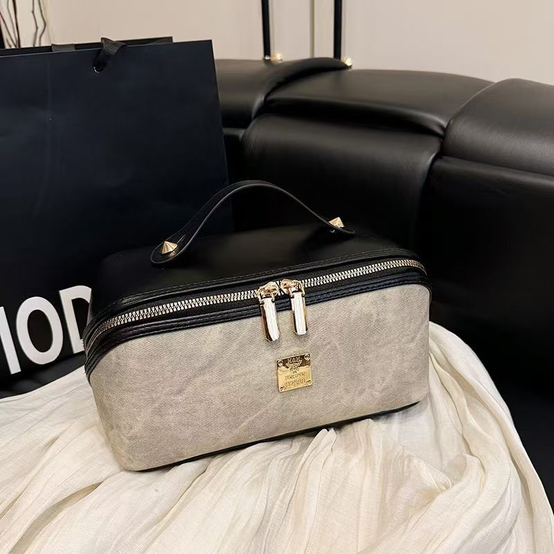 Vintage Canvas PU Leather Trim Makeup Bag Women Portable Handheld Travel Cosmetic Case Large Capacity Toiletry Storage Organizer Bag