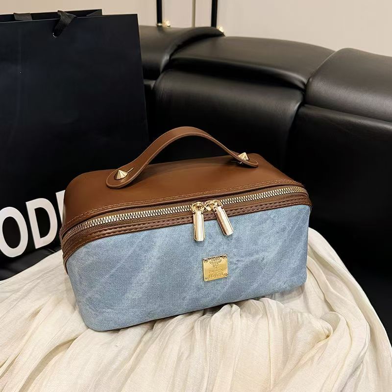 Vintage Canvas PU Leather Trim Makeup Bag Women Portable Handheld Travel Cosmetic Case Large Capacity Toiletry Storage Organizer Bag