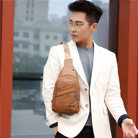 Fashion Vintage Leather Chest Bag For Men Adjustable Strap Crossbody Sling Pack Multi Pockets Anti-theft Daily Walking Shoulder Bag