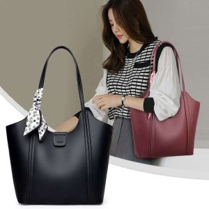 Factory Wholesale Fashion Ladies Leather Tote Bag Custom Logo Large Capacity Women Office Shoulder Handbag with Decorative Scarf