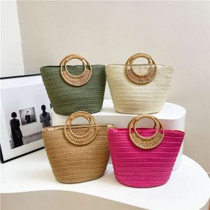 Summer Women Rattan Ring Handle Straw Tote Bag Beach Vacation Woven Handbag Ladies Daily Shopping Straw Bucket Bag